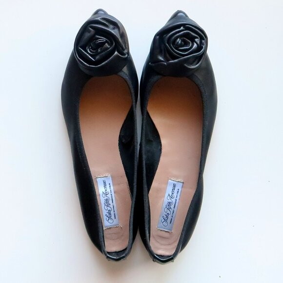 Saks Fifth Avenue Black Leather Rose Ballet Flats Slip-on Office Party Shoes 7.5 - Picture 5 of 16